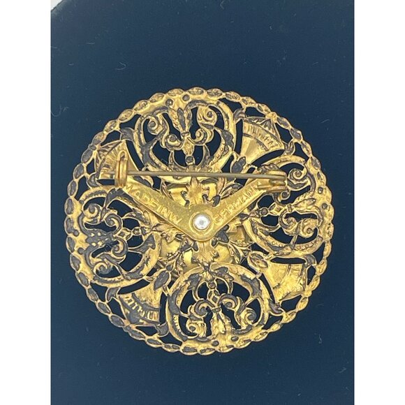 Vintage Brooch Oxidized Gold Tone Blue Accents Blue Stone W Germany - Picture 2 of 11